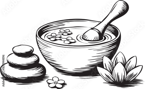 Black and white drawing of spa elements with stacked stone and flower