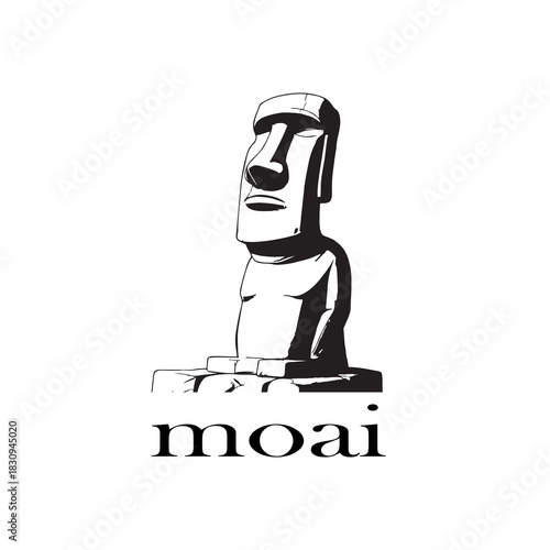 Black and White Illustration of Moai Statue from Easter Island with Minimalist Line Art Style