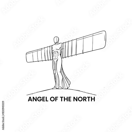 Line art illustration of the Angel of the North landmark featuring wide industrial wings and standing human form suitable for travel architecture cultural tourism and modern artistic design