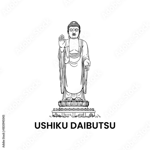 Line art illustration of a standing Buddha statue featuring calm spiritual posture with detailed robe and hand gesture suitable for cultural religious meditation and artistic design themes