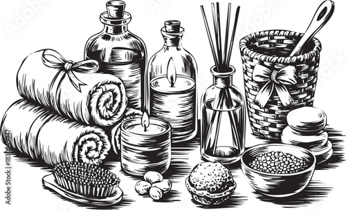 Black and white illustration of spa and aromatherapy essential oil set