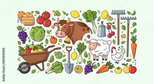 Cartoon illustration showcasing agriculture farming with animals and fresh harvest