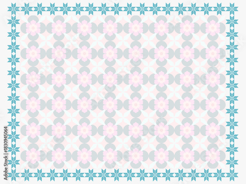 Geometric floral pattern with decorative teal border. Pastel pink flowers in tile style background for tablecloth or wallpaper.
