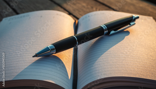 Black Ballpoint Pen on Open Lined Notebook at Sunset