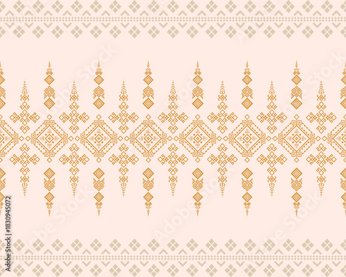 Seamless ethnic vector border pattern. Light beige and gold tribal texture with intricate diamond motifs. Traditional Asian Ikat ornament for luxury fabric, textile, fashion, and soft decorative.