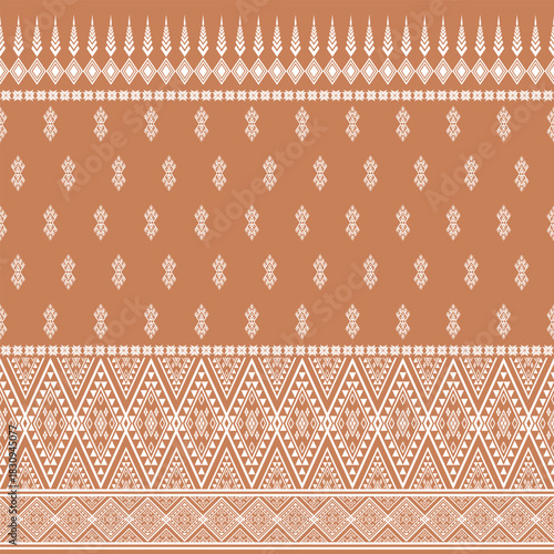 Earthy Terracotta and White Seamless Traditional Thai-Lao Tribal Textile Pattern. Ethnic Geometric Diamond and Triangle Motifs Background. Vector File for Fabric, Clothing, and Craft Projects.