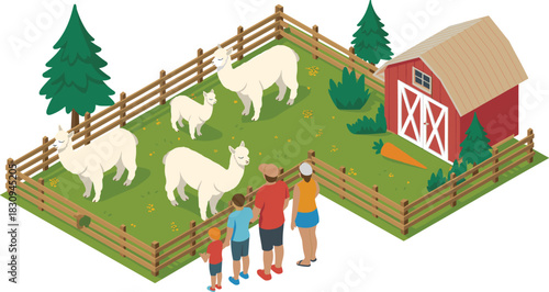 Isometric illustration of family visiting alpaca farm with fenced pasture, barn, trees, cute alpacas and children enjoying outdoor animal attraction