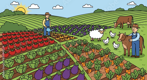 Cartoon illustration showcasing a diverse farm with farmers and various crops and animals