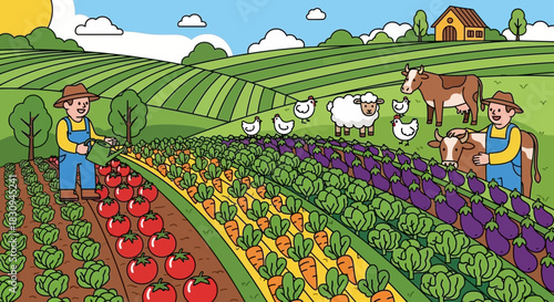 Cartoon Farm Scene with Farmers, Livestock, and Vegetable Crops in Fields