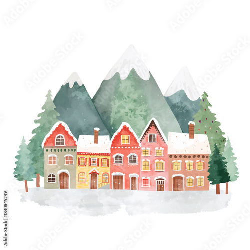 Cozy Winter Village Scene With Colorful Houses and Snow-Covered Mountains