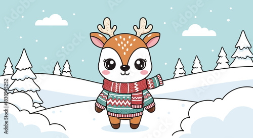 Adorable Cartoon Reindeer Character Wearing a Red and Green Christmas Sweater and Scarf in a Snowy Winter Landscape