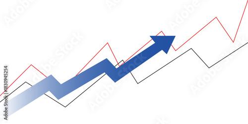 Curved Blue Business Arrow Graph Pointing Up on Grid Background with Two Line Graph Representing Profit, Progress, Growth, and Success