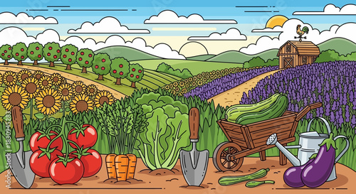Illustrated countryside farm scene with fresh produce and idyllic rural landscape