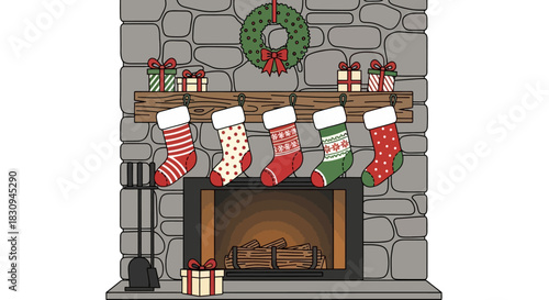 Christmas Fireplace with Stockings, Wreath, and Gifts
