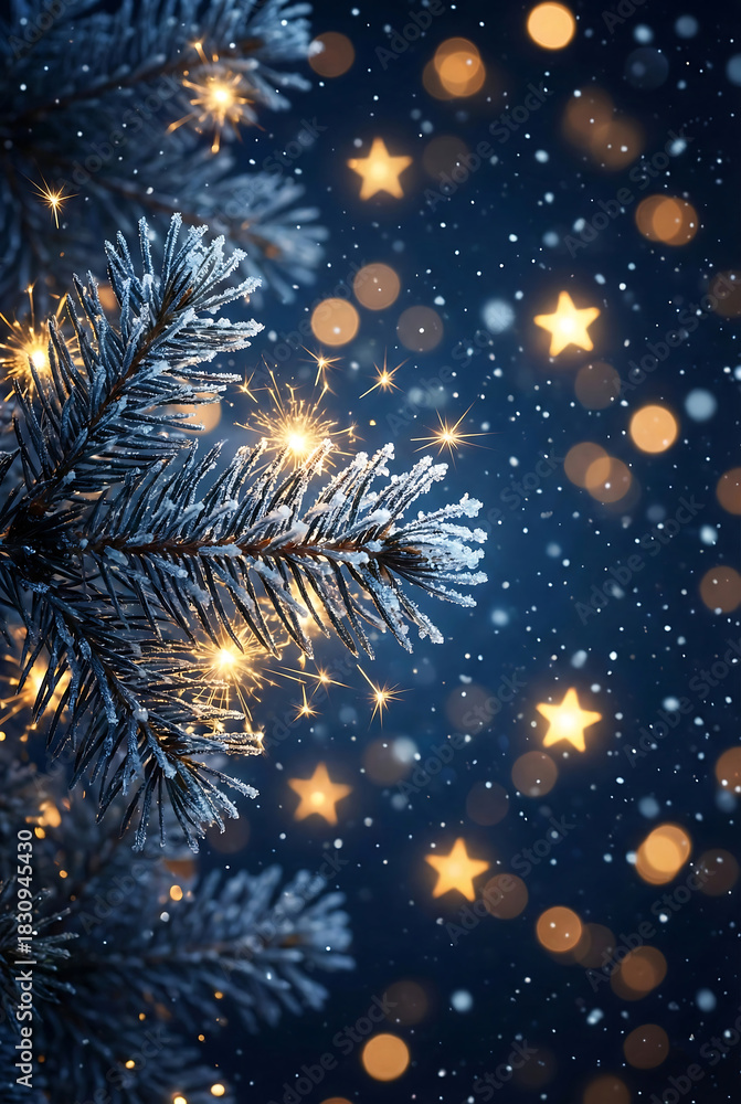 Fototapeta premium Magical Christmas Background with Frosty Pine Branches, Glowing Star Bokeh, and Snowy Dark Blue Night Sky