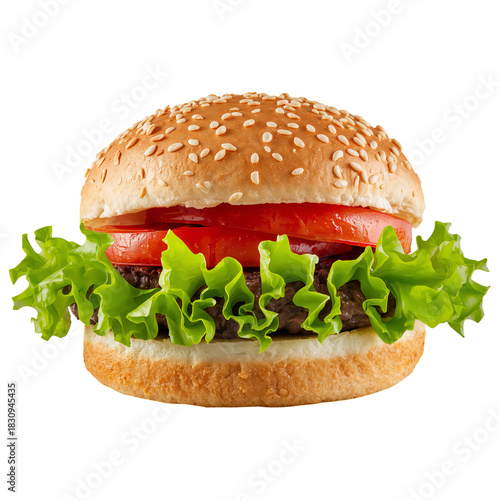 Freshly Made Burger With Crispy Lettuce, Juicy Tomatoes, and Melted Cheese on...