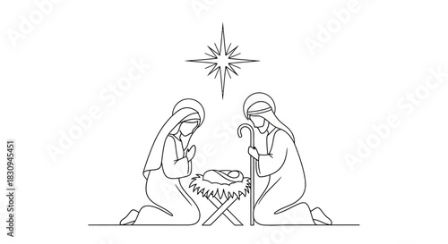 Minimalist Nativity Scene Line Art with Mary, Joseph, and Baby Jesus Under Bethlehem Star