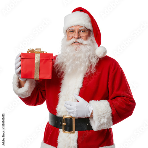 Santa Holding a Red Gift Box While Wearing a Festive Suit in a Cheerful Setti...