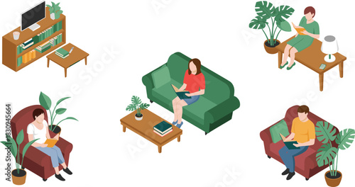 Isometric illustration of people reading books in cozy living room interiors with sofas, chairs, plants, bookshelves and relaxing home atmosphere