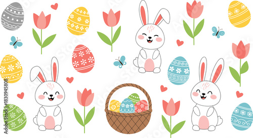 Cute Vector Collection of Happy Easter Elements, Featuring Adorable White Bunnies, Colorful Patterned Eggs, Spring Tulips, Butterflies, and a Basket, Ideal for Seasonal Decoration and Cards
