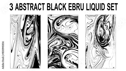 Black and white liquid set. Pack of handmade stone or rock texture with liquid paint ink. Ebru, Turkish marbling art. 