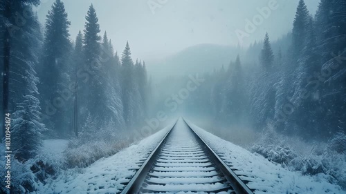 Snowy train tracks disappear into a misty winter forest in a cinematic shot, evoking solitude and a tranquil journey through a frosted landscape