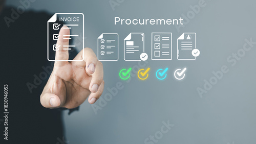 Touchless digital procurement workflow concept showing a hand selecting invoice documents with verification icons. Suitable for ERP software, B2B purchase management and paperless approval systems. 
