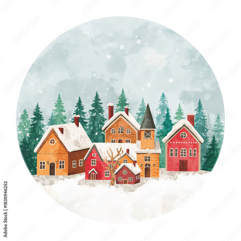 Fototapeta premium Winter Village Scene With Colorful Houses and Snow-Covered Trees