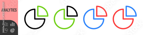 Pie chart icons in various colors and styles. Represents data, analysis, percentage breakdown. minimal infographic symbols for data visualization, analytics, business, finance, and statistics