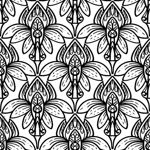 vintage seamless pattern inspired by art nouveau floral motifs, featuring elegant botanical with ornate lines and symmetry, perfect for textile, wallpaper, packaging, fabric, and stationery design