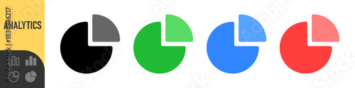 Pie chart icons in various colors and styles. Represents data, analysis, percentage breakdown. minimal infographic symbols for data visualization, analytics, business, finance, and statistics