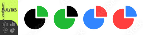 Pie chart icons in various colors and styles. Represents data, analysis, percentage breakdown. minimal infographic symbols for data visualization, analytics, business, finance, and statistics
