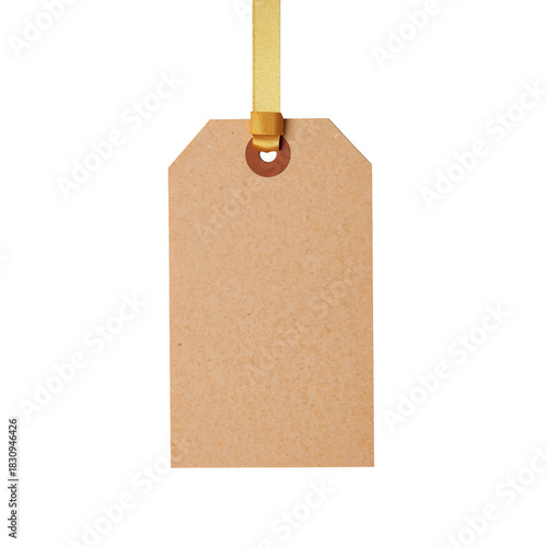 Brown Kraft Tag With Golden Ribbon Hanging Against a White Background
