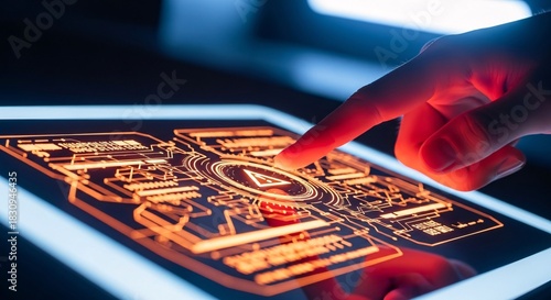 Cybersecurity risk human finger touching digital tablet screen with ai icon and alert symbol data breach and ai security threat 