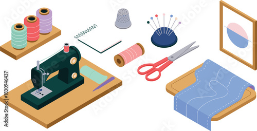 Isometric illustration of sewing workspace with machine, scissors, thread spools, fabric, pins, notebook and tailoring accessories for crafting projects