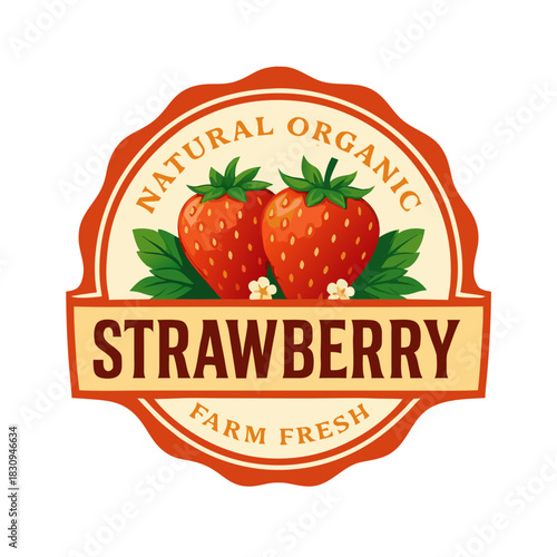 Delicious strawberry farm fresh organic label design for healthy eating promotion or food packaging design element
