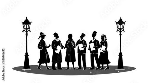 A group of carolers singing Christmas songs under glowing street lamps as snowflakes gently fall around them