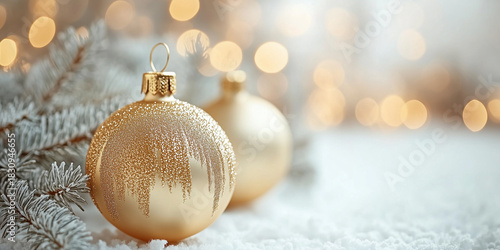 Christmas golden ornament ball and spruce tree close up, bokeh lights background. Merry Christmas and Happy Holidays greeting card, frame, banner. New Year. Noel. Winter festive xmas decoration.