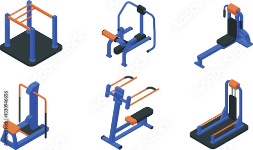 Isometric outdoor gym equipment set featuring six fitness machines for strength training, exercise workouts, public park fitness and healthy lifestyle