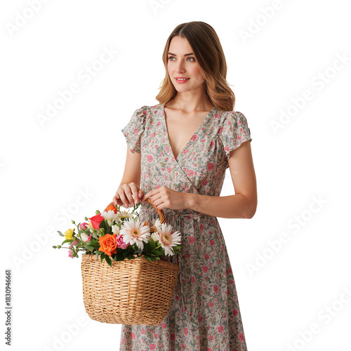 Woman in Floral Dress Holding a Wicker Basket Full of Flowers While Standing ...
