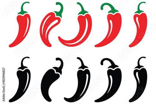 Chili pepper icon set, vector illustration on white background, featuring spicy food graphics, culinary design elements, cooking ingredient icons, and vibrant vector artwork for recipe and menu design