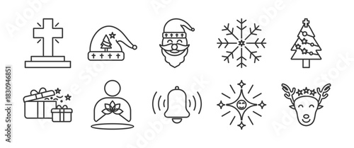  christmas icon set collection in outline style. Icon pack contain christmas, Jesus, christmas, santa claus, snow, christmas tree, gifts / presents, reindeer, bells, peace, celebration
