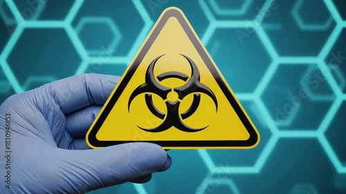 A blue gloved hand holding a yellow biohazard warning sign in a tech lab, chemical safety concept, hazardous chemical