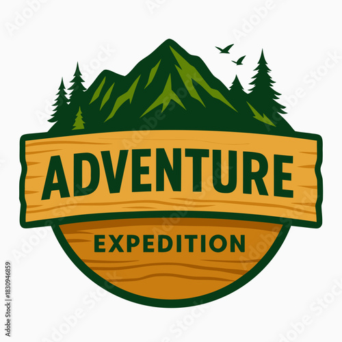 Stunning adventure expedition badge design featuring lush green mountains, tall pine trees, and soaring birds over wood texture