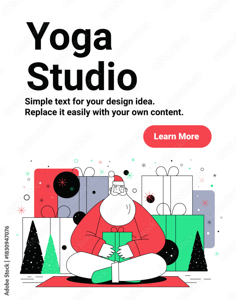 Fototapeta premium Santa Christmas yoga studio meditation gifts festive scene with Santa Claus sitting cross-legged holding present surrounded by trees and boxes