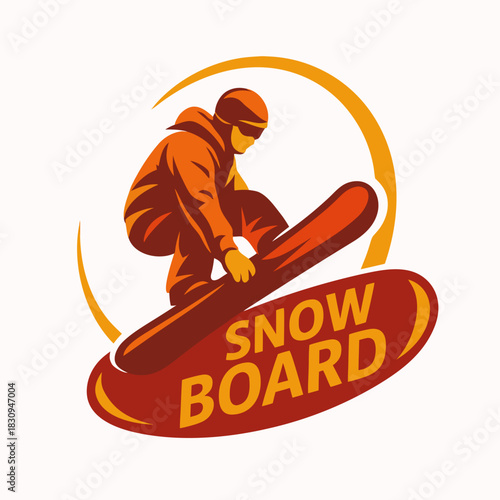 Dynamic snowboarder performing an aerial trick against a vibrant circular backdrop logo design