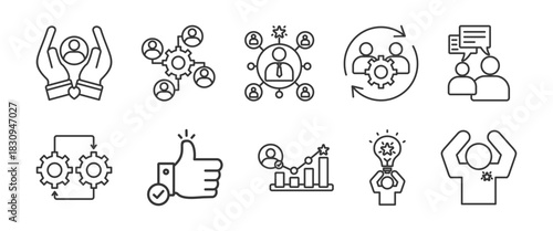 Collaboration icon set collection in outline style. Icon pack contain Collaboration, objective,akuntability,target, meaSupport, teamwork,partnership, cooperation,  communication, synergy, trust, 
