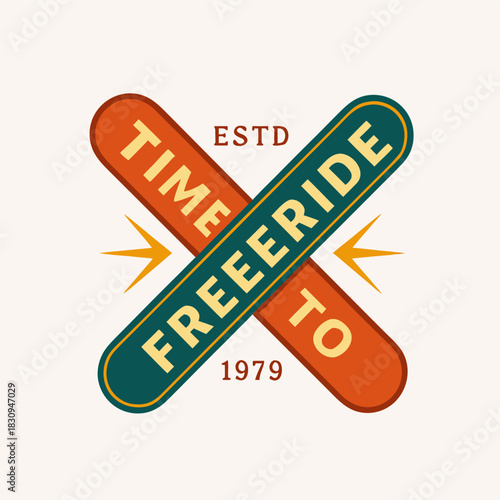 Vibrant retro emblem design celebrating the spirit of freeride snowboarding adventure and established 1979