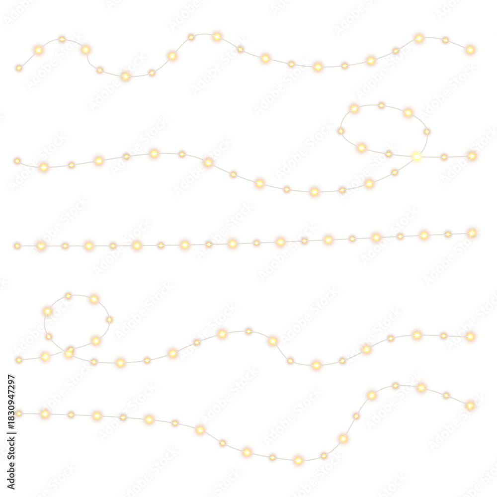 Obraz premium Christmas garland icon collection with glowing neon-style lights, colorful bulbs, and realistic illumination effects isolated on transparent background for festive vector graphics and UI elements 