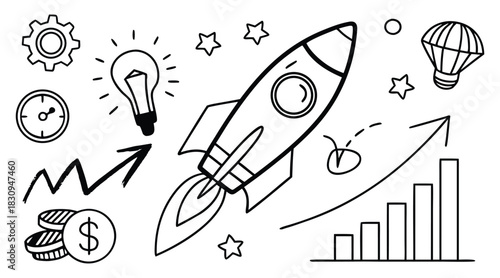 Hand drawn business icons for startup goals and teamwork
